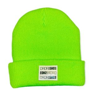 NEON GREEN KNITTED BEANIE HAT WITH LEATHER PATCH LOGO